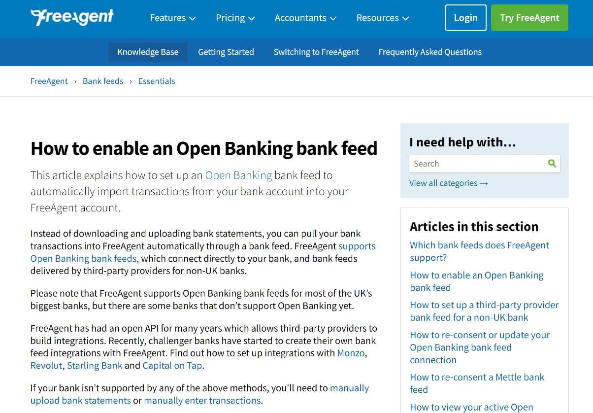 Image of a Knowledge Base article about bank feeds