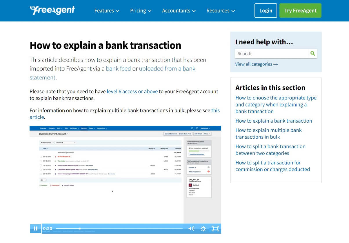 Image of a Knowledge Base article with a video about bank feeds