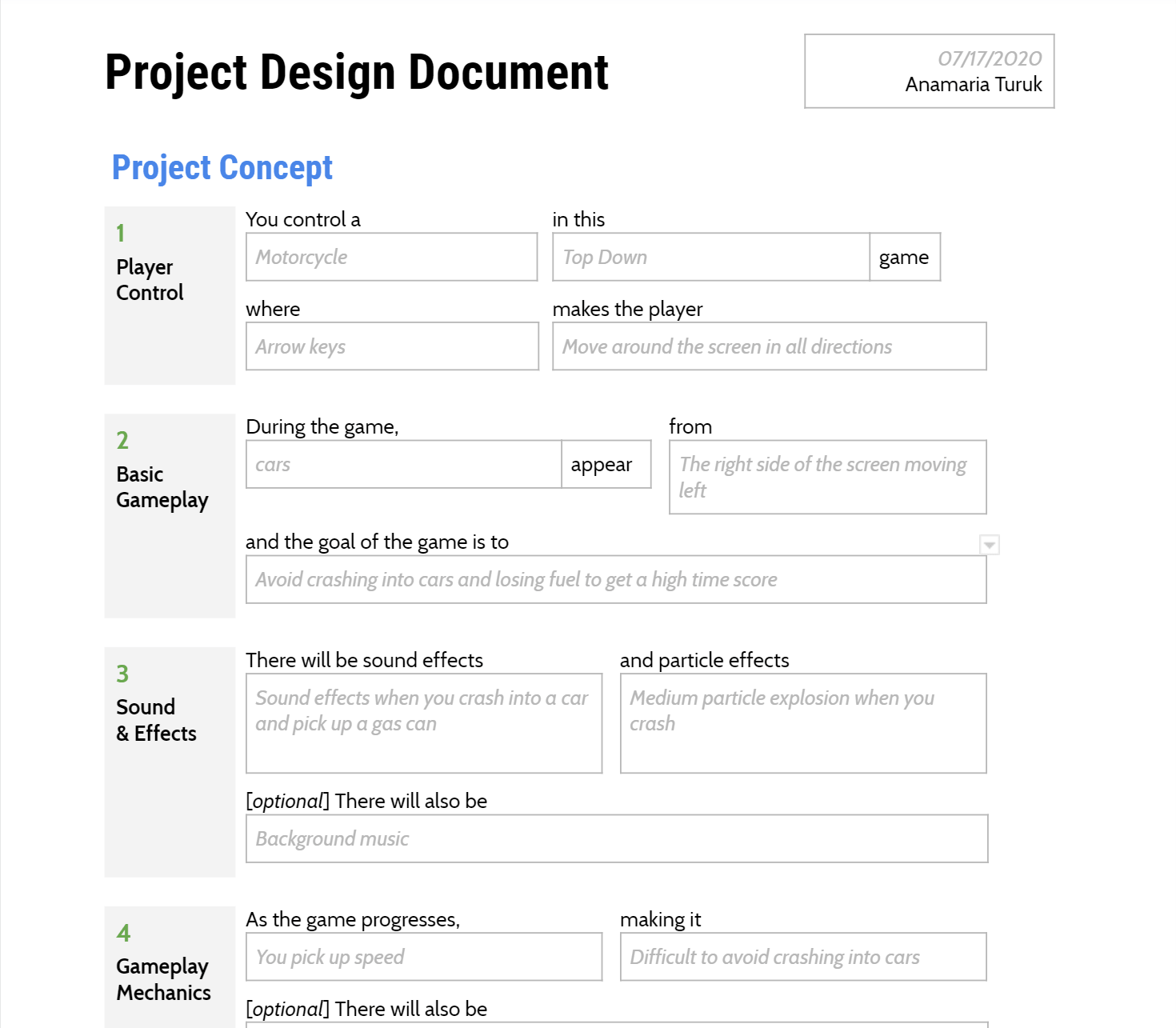 Screenshot of the project design document